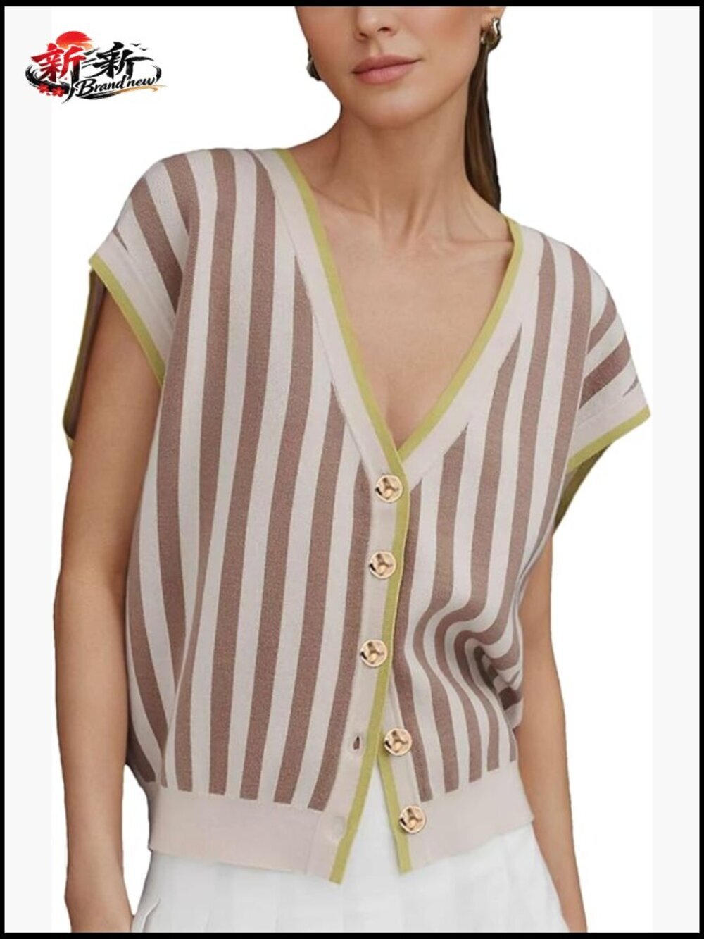 V Neck Cap Sleeve Knit Cardigan Vest Golden Button Sweater Top